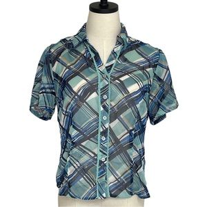 Emma James Button Up Shirt Short Sleeve Semi Sheer Plaid Blue Green Size 10P